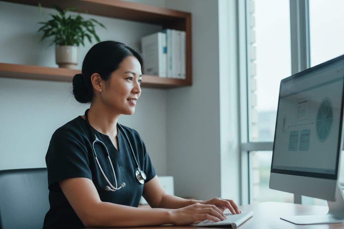 GP at her desk smiling at her computer in a clinic room