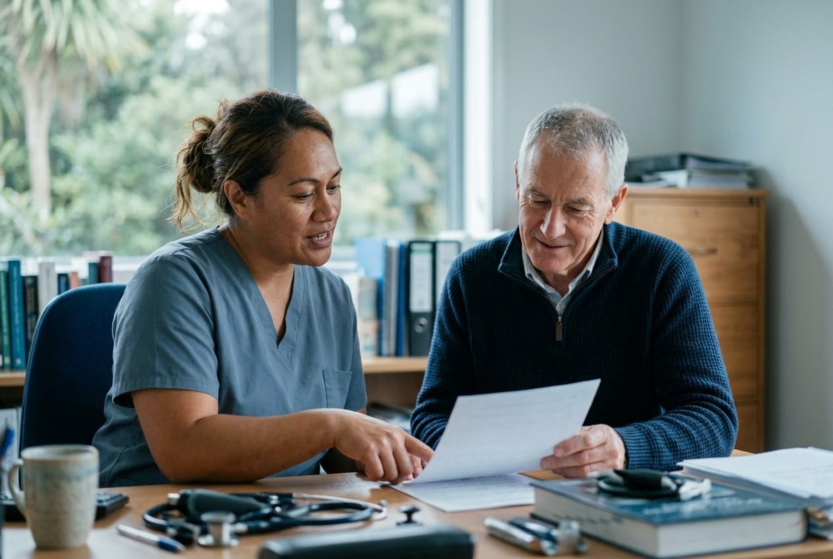 Two doctors reviewing a document together at a desk
